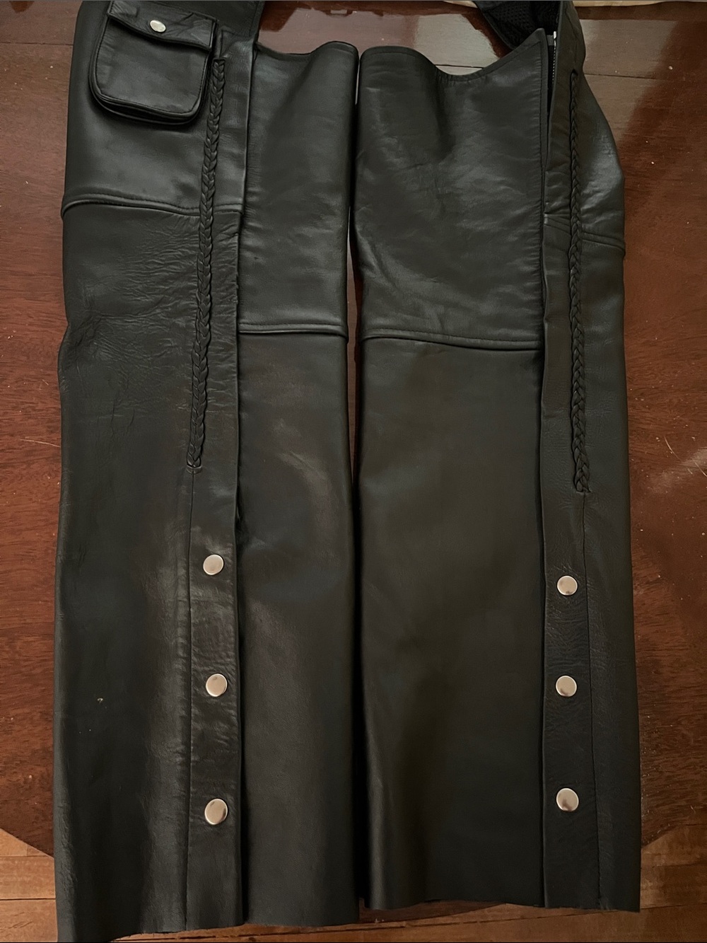 IK Black Leather Women’s Motorcycle Chaps Braided Lace Up Size M
